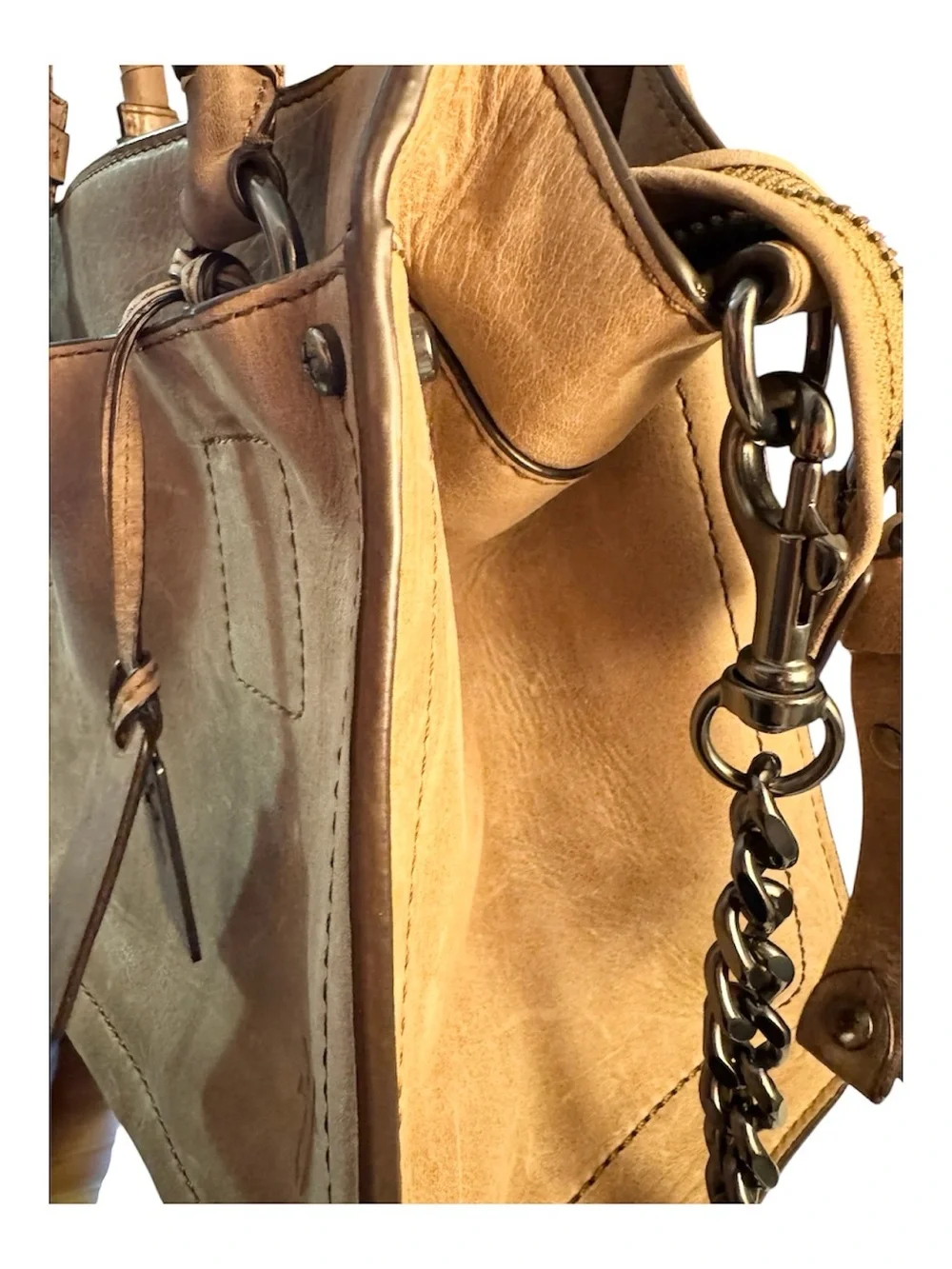 Frye Demi Leather Satchel Crossbody Bag Boho Taupe Gray Like New with Care Tags